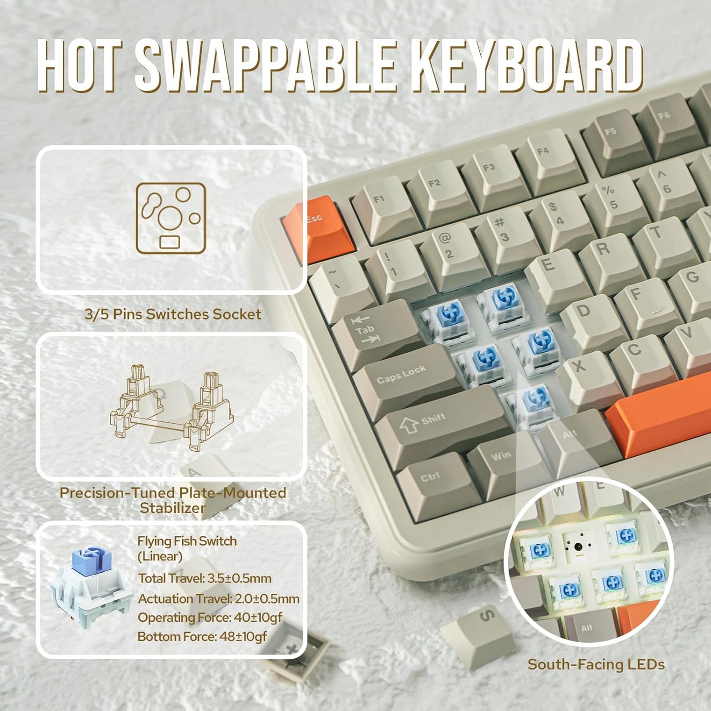 AJAZZ AK820 MAX Upgraded 75% Gasket Mechanical Keyboard, BT5.0/USB-C/2.4GHz Wireless Gaming Keyboard with 8000mAh Battery, Flex-Cut PCB, PC Plate, RGB for Win/Mac (Retro White)