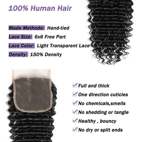 6x6 Deep Wave Closure Human Hair Transparent Hd Lace Closure 10a Brazilian Virgin Human Hair With Baby Hair Loose Deep Wave Closure Free Part Pre Plucked Natural Color 20 Inch
