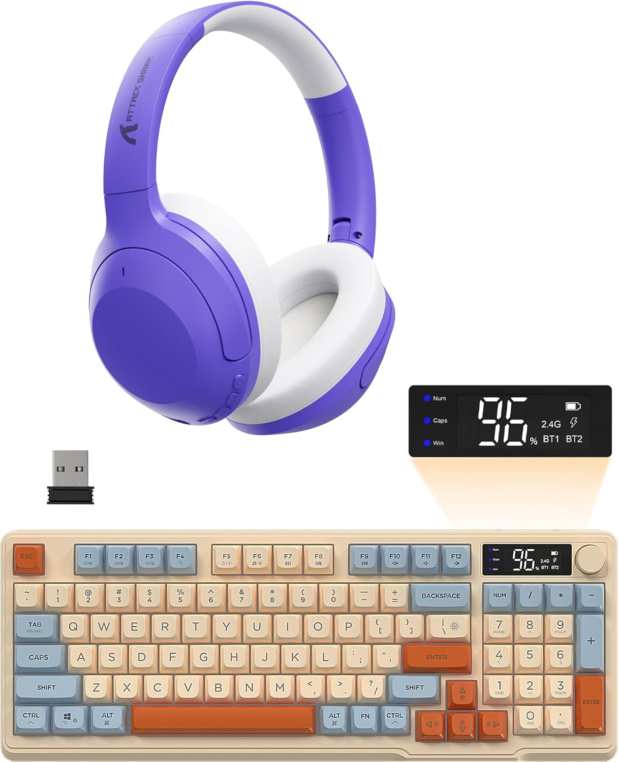 Attack Shark G300 Headset and M96 Wireless Gaming Keyboard,Knob Control BT/2.4G Wireless Keyboard,RGB LED Backlit with Display Screen,PBT Keycap,2000mAh,94-Key Layout for Win/Mac-Purple and Blueberry