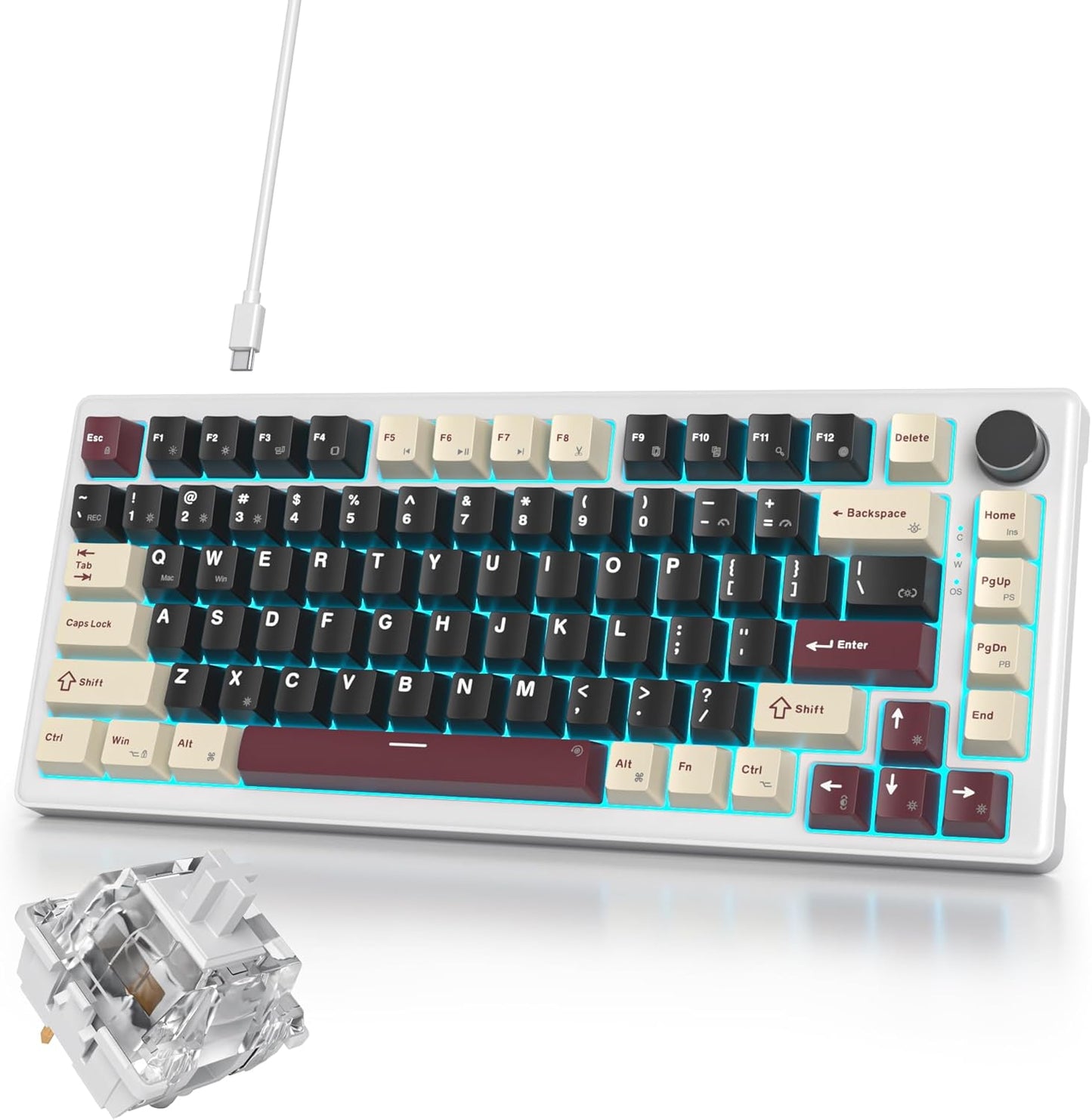 75% Mechanical Gaming Keyboard, Hot Swappable RGB Backlit Custom With Knob, Gasket Mount USB Wired, 82 Keys Blue White Linear Red Switch (82 Blue White)