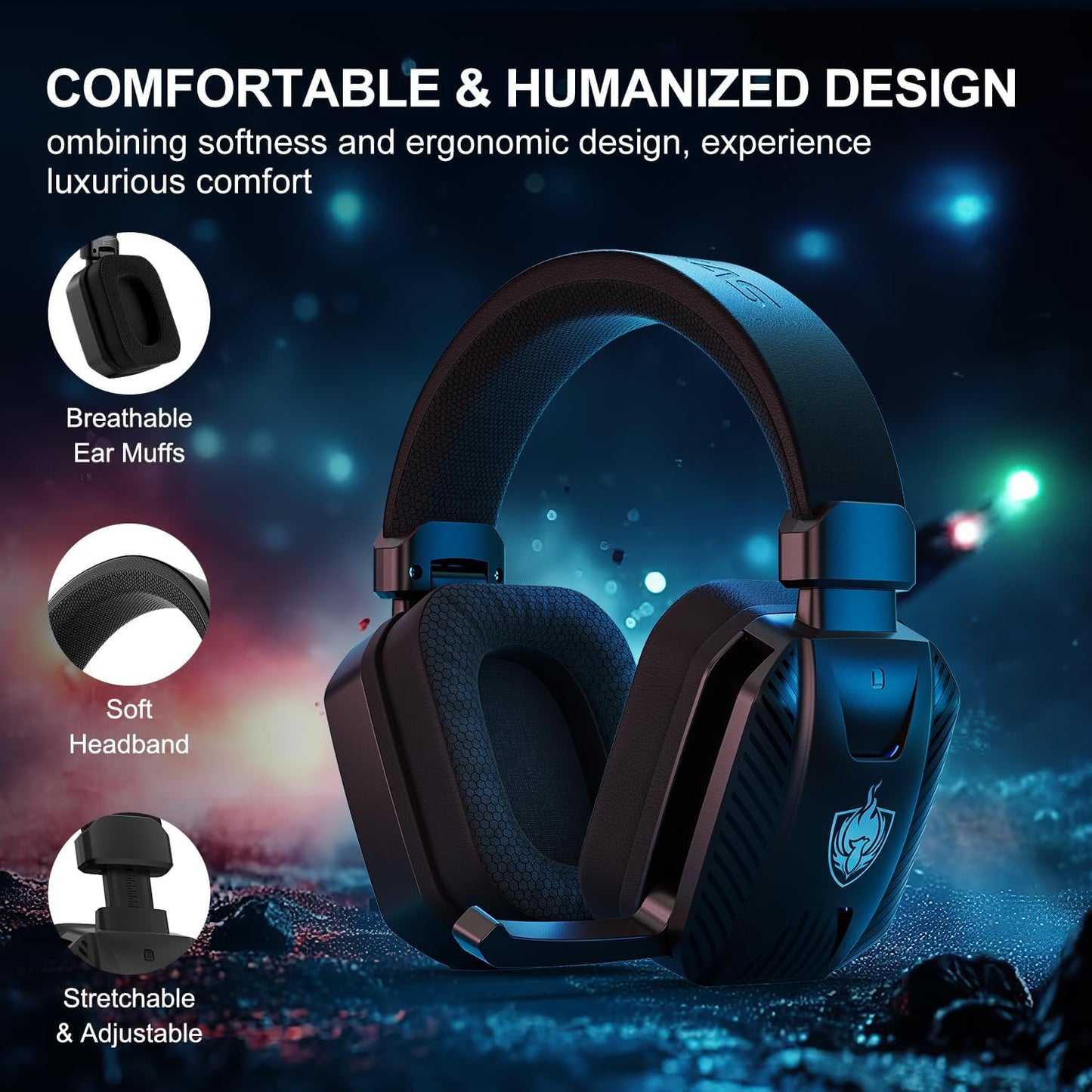 2.4GHz Wireless Gaming Headset for PS5, PS4, PC, Bluetooth 5.3 Gaming Headphones with Noise Canceling Mic, 7.1 Stereo Sound, 30+Hr Battery Gamer Headsets for Switch, Laptop, Mobile, Mac -Black