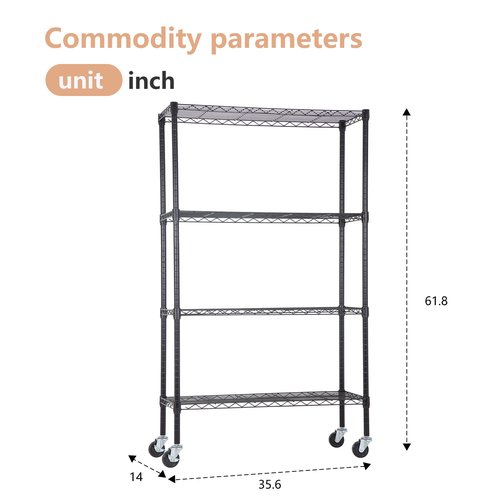 BestOffice | 4-Tier Wire Storage Shelves with Wheels | 36x14x62 | Black | Adjustable Racks | Heavy-Duty Metal Shelf, Holds Upto 500 lbs | No-Tool Assembly | Ideal for Home & Garage Shelving