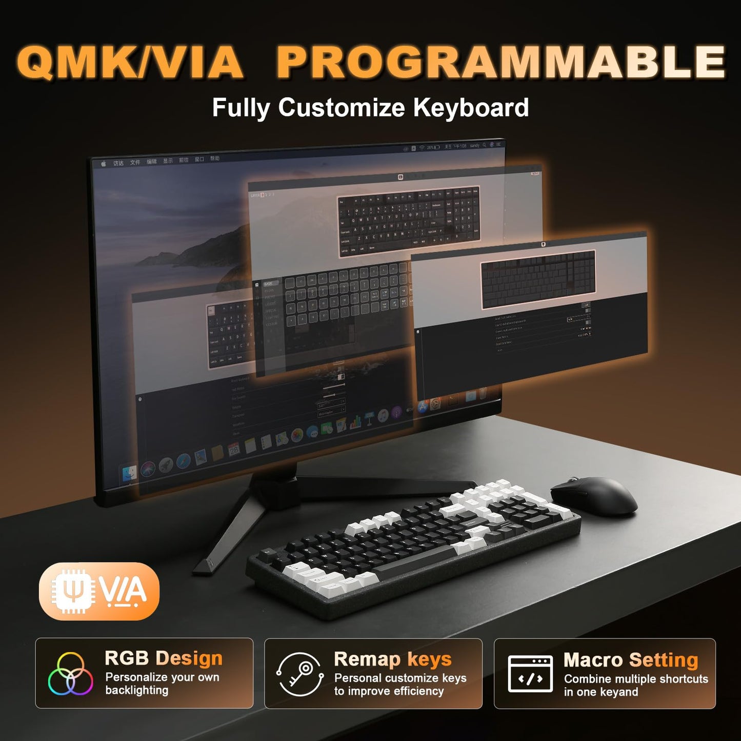 YUNZII AL98 QMK/VIA Wireless Mechanical Gaming Keyboard,Full Aluminum,BT/2.4G/USB-C, Pre-Lubed Hot Swappable Gasket Mount 1800 Layout,RGB Backlit for Win/Mac (Black, Milk Switch)