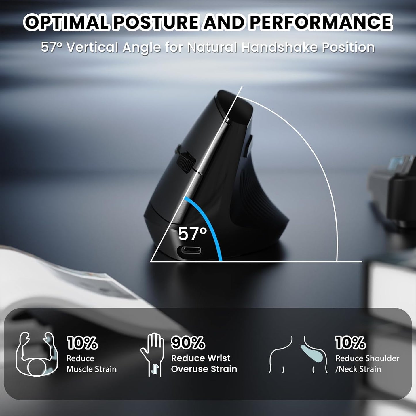 A.JAZZ I300 Bluetooth and 2.4G Rechargeable Wireless Mouse,Ergonomic Vertical Design Optical Mouse Computer Mice,800/1200/1600 DPI,Quiet Clicks,84G Lightweight for Laptop, Desktop, PC, MacBook(Black)