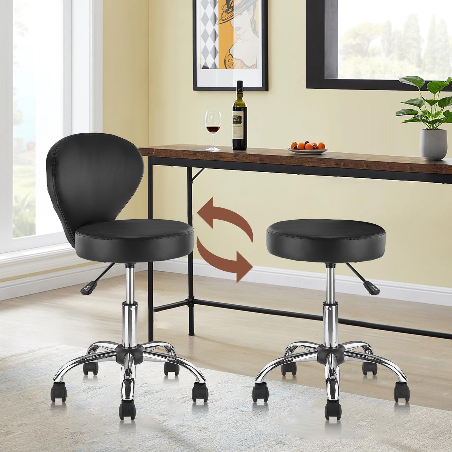 KLASIKA Leather Rolling Swivel Salon Stool Chair with Back Support Adjustable Hydraulic Seat Height 22 in for Office Massage Facial Spa Medical Drafting Tattoo Beauty Barber