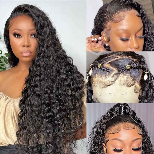 SNJON Water Wave 13x6 HD Transparent Lace Front Wigs Human Hair 180 Density Wet and Wavy Human Hair Wigs for Women Curly Lace Front Wig Human Hair Pre Plucked with Baby Hair Natural Color (18 Inch)