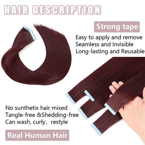 Tape in Hair Extenions 99j Burgundy Color 100% Remy Human Hair Tape in Straight Seamless Skin Weft Tape Hair Extensions Real Natural Hair Extensions 40g 20Pcs (24 inches)