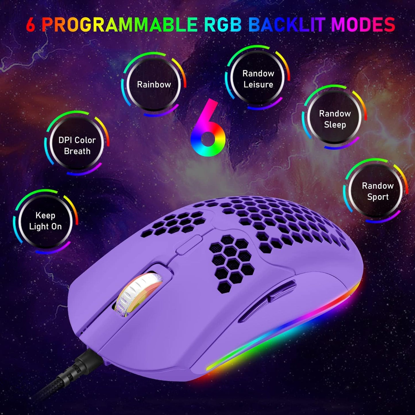 ZIYOU LANG Wired Lightweight Gaming Mouse,6 RGB Backlit Mouse with 7 Buttons Programmable Driver,6400DPI Computer Mouse