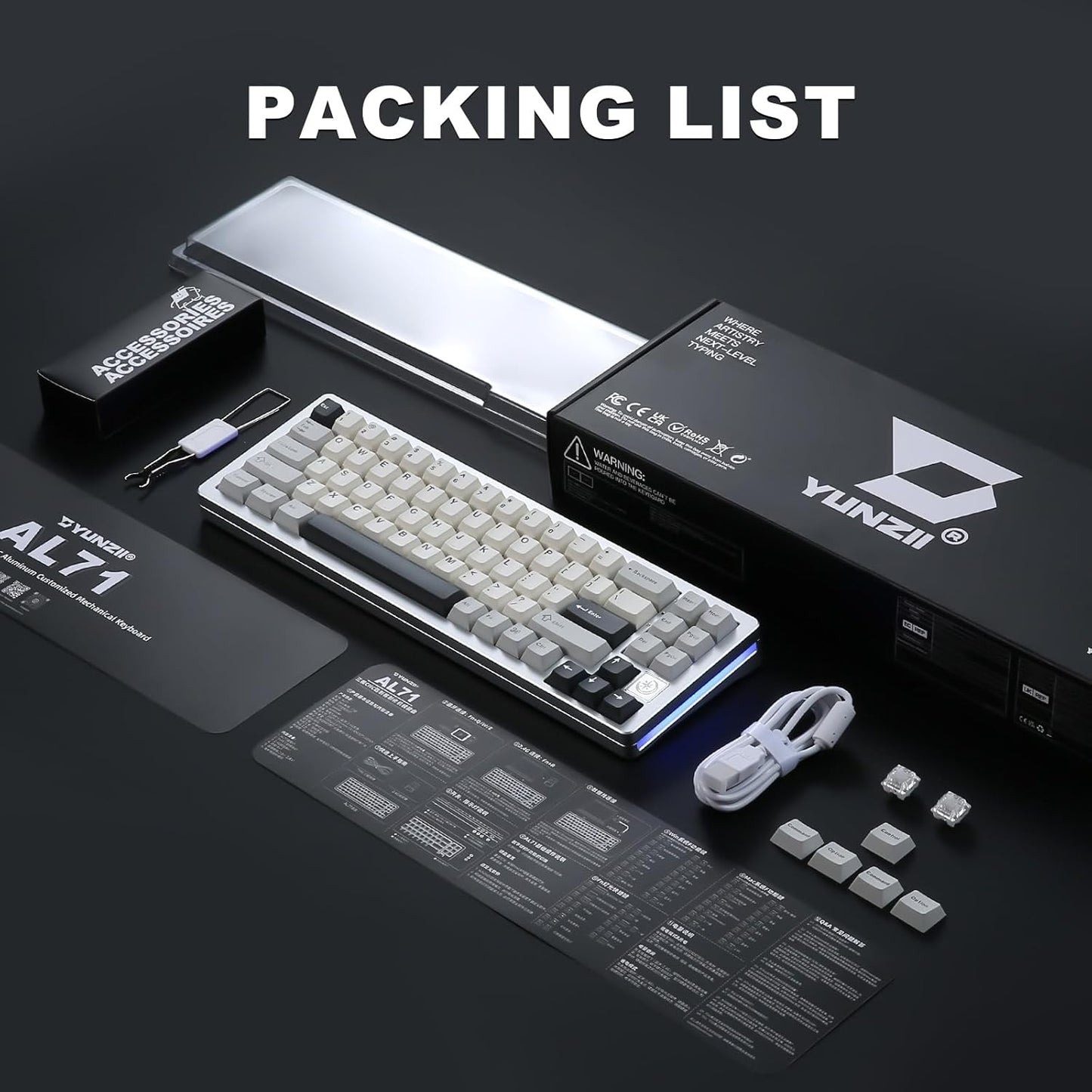 YUNZII AL71 75% Mechanical Keyboard,Full Aluminum CNC,Hot Swappable Gasket,2.4GHz Wireless BT5.0/USB-C Wired,NKRO Programmable RGB Backlight Creamy Typing for Win/Mac(Blue,Crystal White Switch)