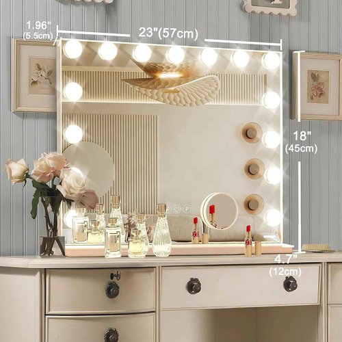 Ratsamee Hollywood Vanity Mirror with Lights, 15 Dimmable Bulbs, 3 Color Lights,Make Up Lighted Mirror, Aluminum Metal Frame, USB Charging Port(23" x 18")