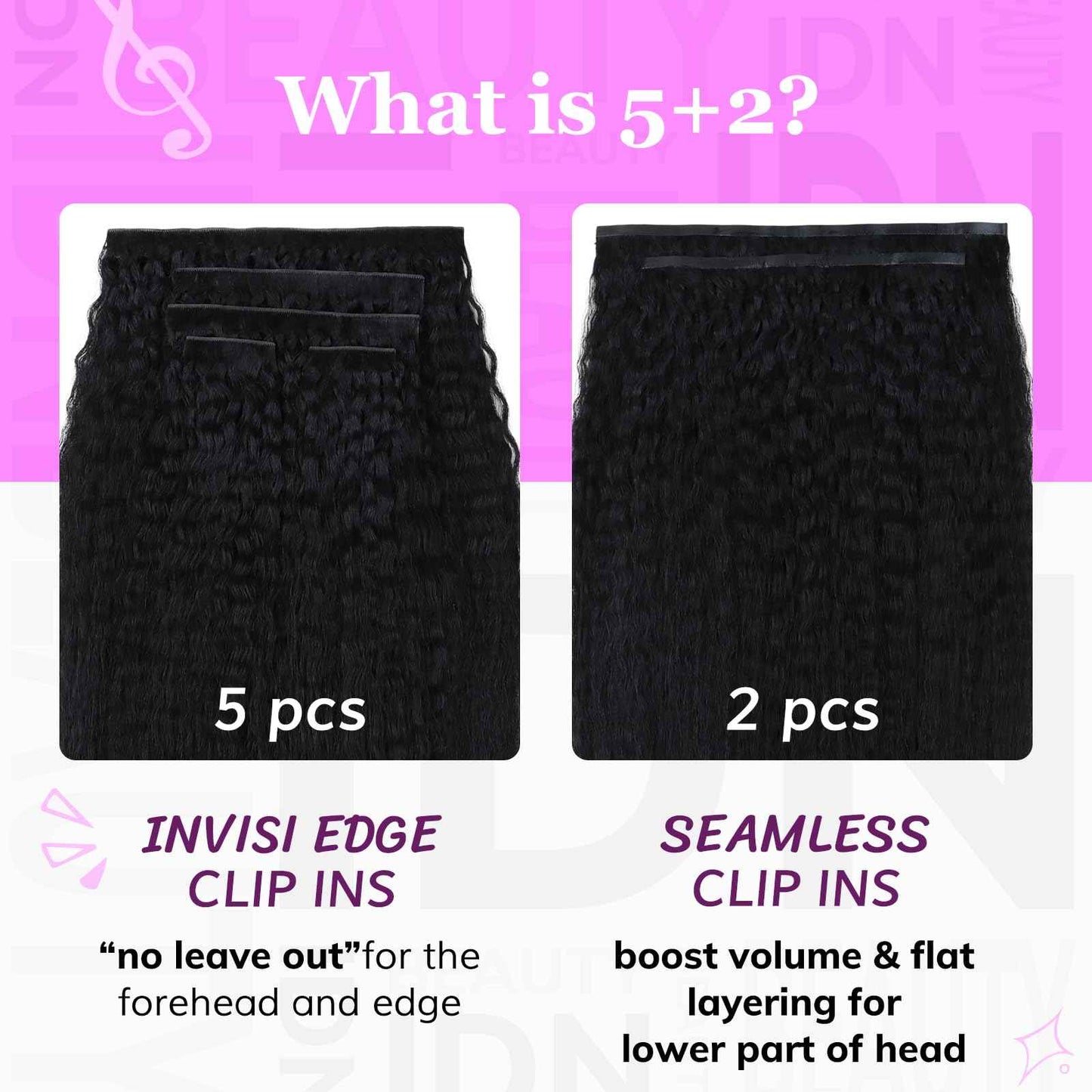 IDN BEAUTY 5+2 Invisi Edge Seamless Clip in Hair Extensions Human Hair Combo Pack, Kinky Straight 14 Inch 110g 5pcs Invisible Edge and 2pcs Seamless Clip ins for Black Women Natural Black No Leave Out