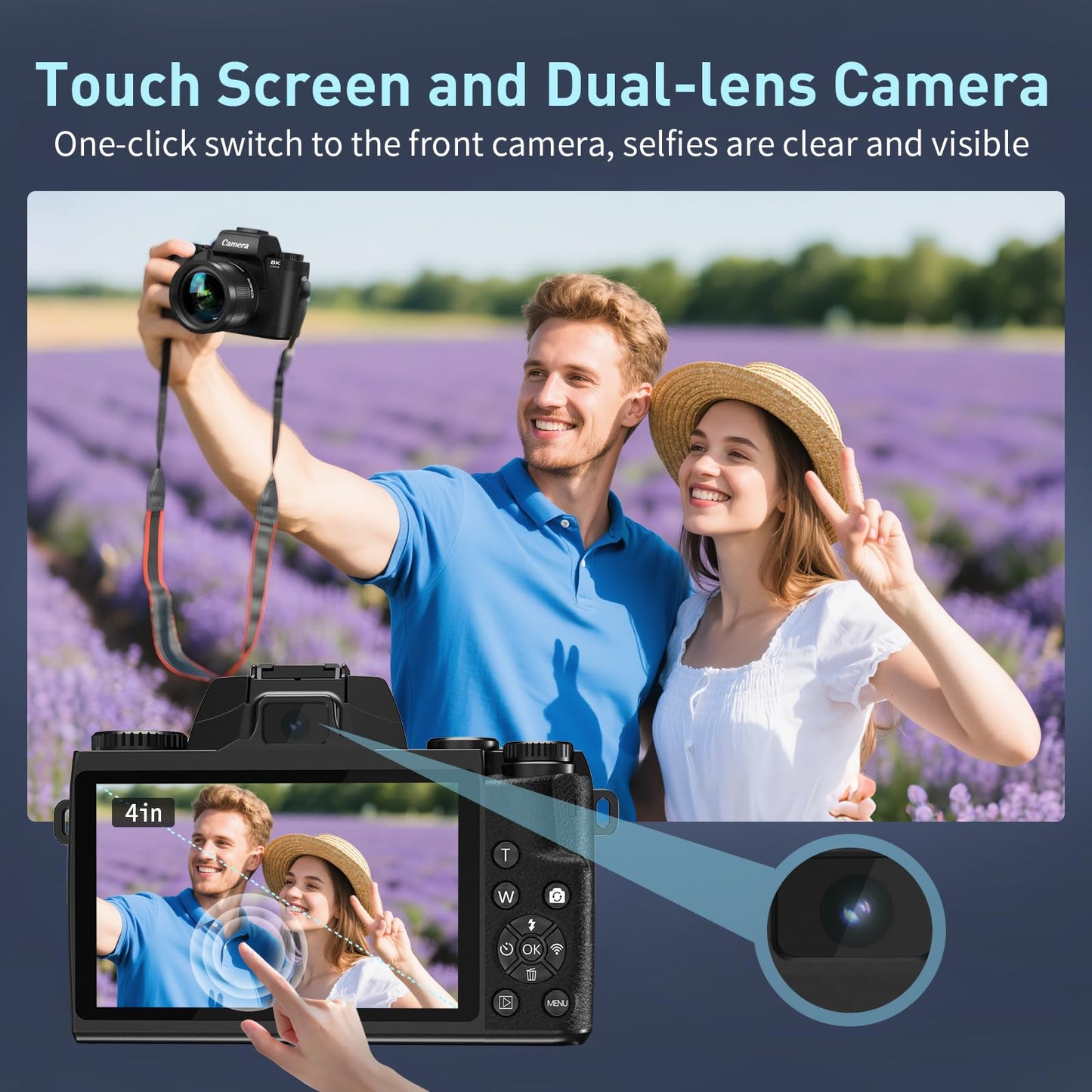 8K Digital Camera for Photography, WiFi & Dual-Lens Vlogging Camera for YouTube with 4" Touch Screen, 64MP Vlog Cameras 16X Digital Zoom with 3000mAh Battery, 32GB TF Card & Lens Hood(Black)