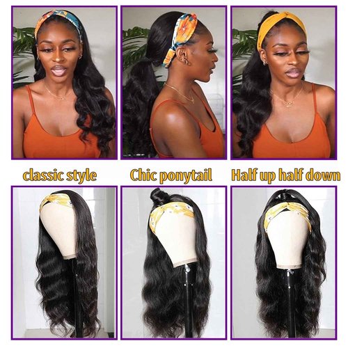 Headband Wigs for Black Women Human Hair Body Wave Head Band Wig 100% Brazilian Raw Human Hair Wear and Go Glueless Half Wigs 150% Density Machine Made Natural Color