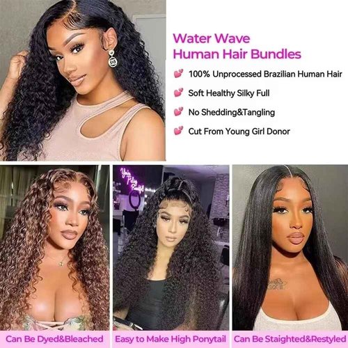 Yavida Water Wave Human Hair Bundles Wet and Wavy Bundles Human Hair Brazilian Unprocessed Remy Hair Water Wave Weave Extensions 14 16 18 Inch Natural Black