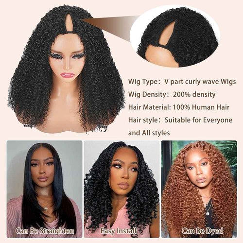 V Part Curly Wig Human Hair 200% Density Upgrade U Part Wig with Adjustable Drawstring No Leave Out Glueless V Shape Full Head Clip In Half Wig Human Hair Wig for Black Women Natural Color 16 Inch