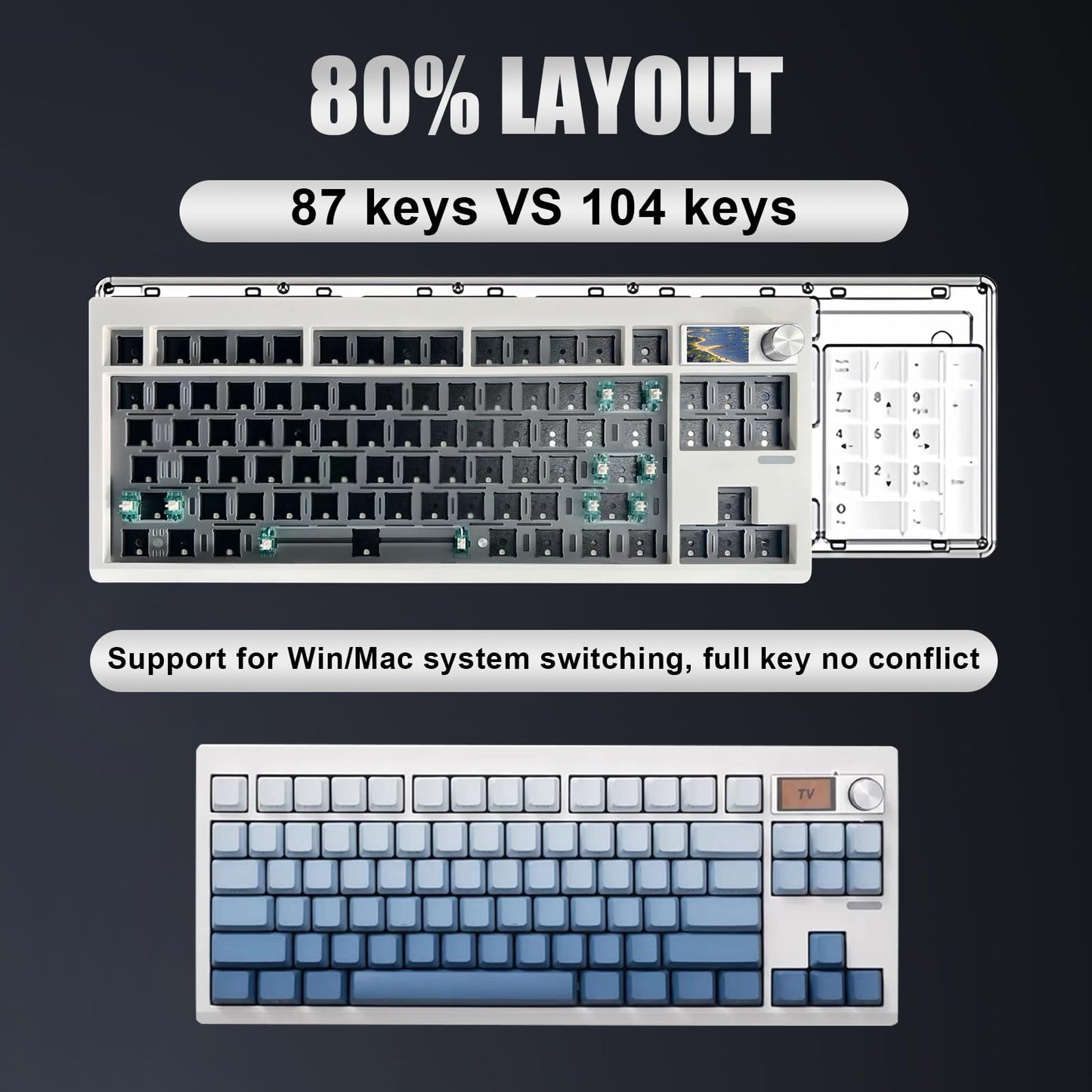 ZMX GMK87 Keyboard Barebones Kit,Gasket Mount Hot Swap PCB Triple Mode BT5.0/2.4G/Type-C Wireless Mechanical Keyboard with Knob VIA-Programmable Custom TFT-Screen RGB Gaming DIY Kit (White)