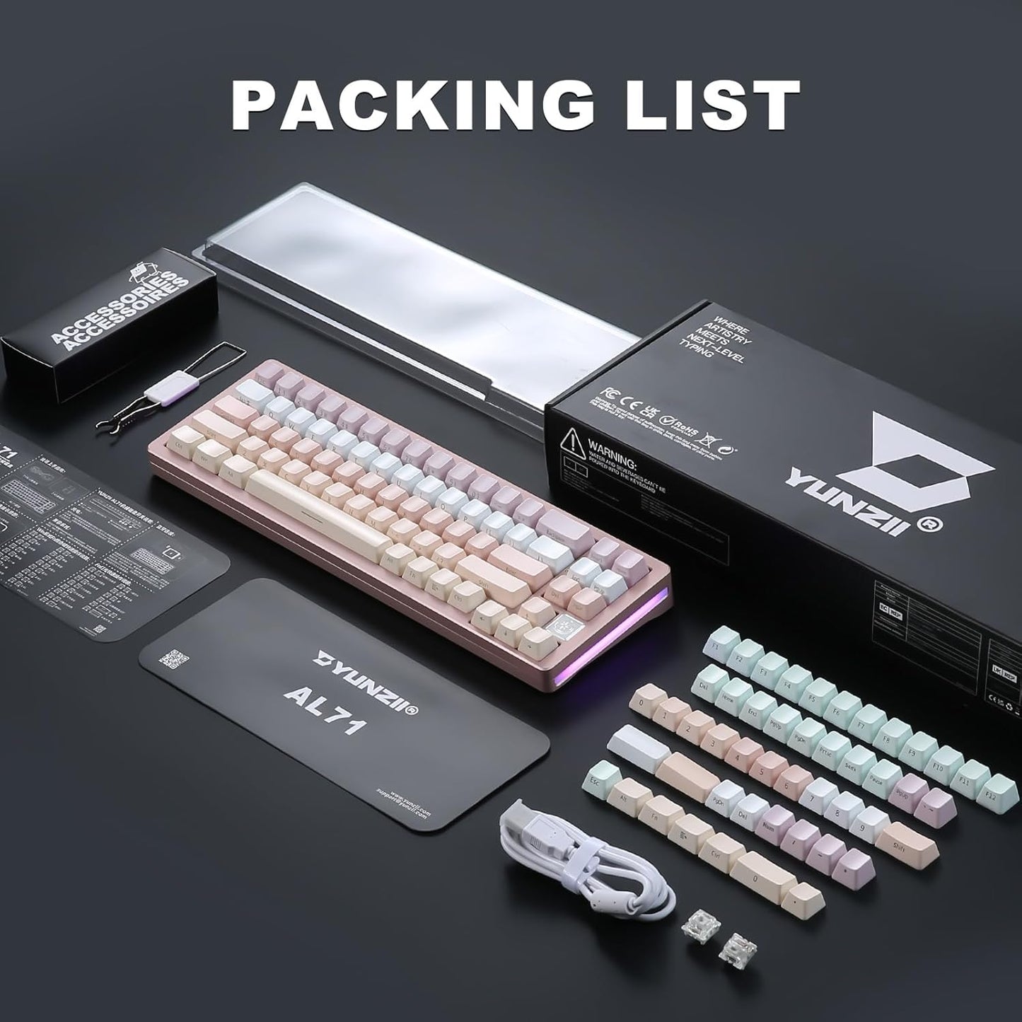 YUNZII AL71 75% Mechanical Keyboard,Full Aluminum CNC,Hot Swappable Gasket,2.4GHz Wireless BT5.0/USB-C Wired,NKRO Programmable RGB Backlight Creamy Typing for Win/Mac(Silver,Crystal White Switch)