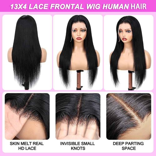 Mysyty Skin Straight Lace Front Wigs Human Hair with Baby Hair for Women 13x4 Straight HD Transparent Lace Frontal Wigs Human Hair Pre Plucked Glueless Wigs Natural Black Color 28 Inch 180 Density