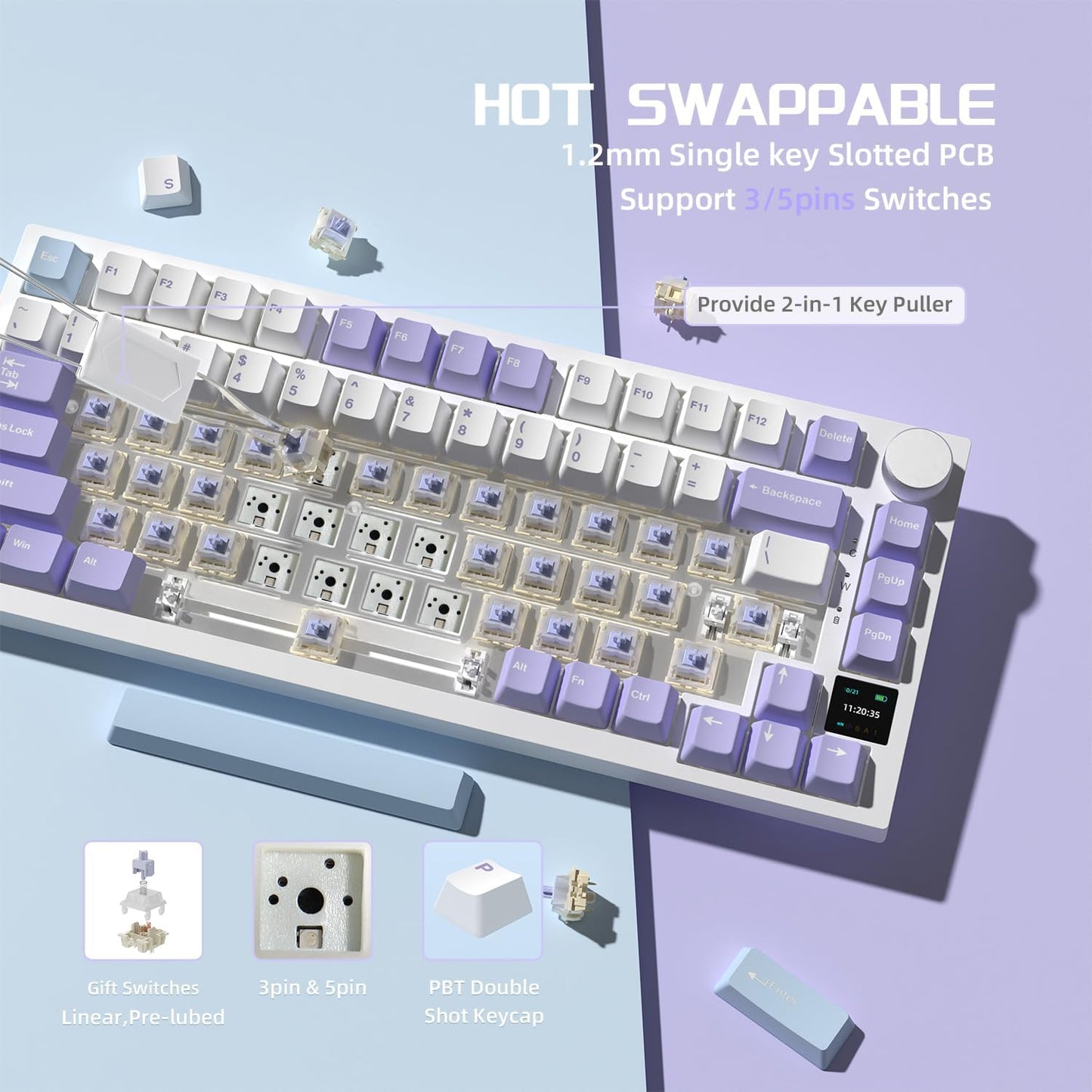 Attack Shark ajazz AK820 Wired Mechanical Gaming Keyboard with Volume Knob Hot Swappable 75% Gasket Keyboard 5-Layer Noise Absorbing Foam PBT Keycap Ice Blue Backlit Blue Switch for PC/Win/Mac-White