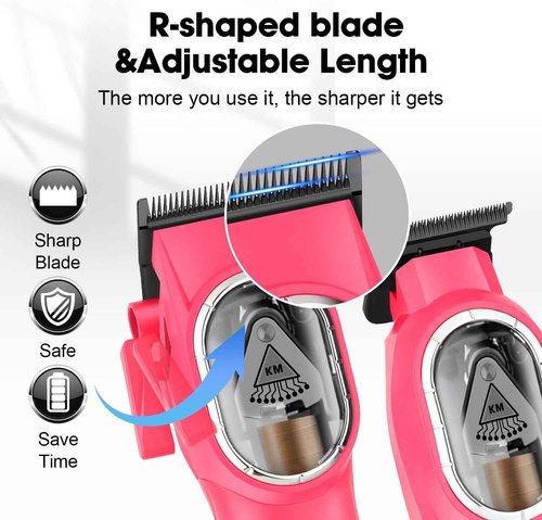 KEMEI Hair Clipper and Trimmer Set Professional Cordless Hair Clipper for Men, Electric Barber Clipper Hair Cuttings Kit, 9000 RPM Motor, DLC T-Blade Trimmers for Men with LCD Display, KM-8502, Pink