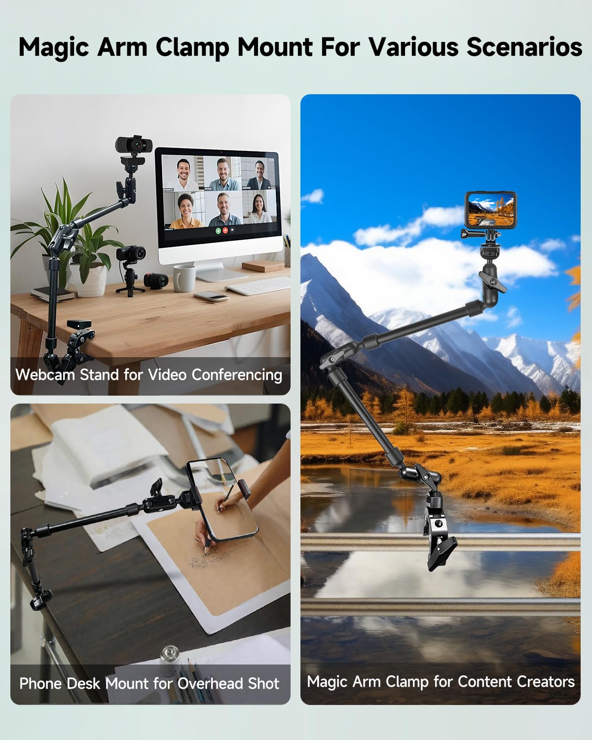 22" Magic Arm w Clamp, Overhead Phone Mount, Flexible Desk Camera Mount, Articulating Friction Boom Arm w Thread Adapter, for POV Shot, Light, Webcam, Mic, Action Camera, for Content Creators