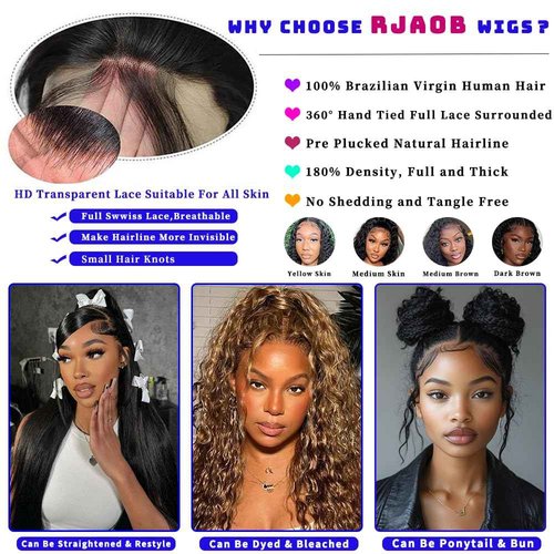 RJAOB 360 Lace Front Wigs Human Hair Invisi Strap 180 Density Deep Wave Lace Front Glueless Wigs Human Hair Pre Plucked with Drawstring 360 HD Full Lace Frontal Wigs For Women 20 Inch