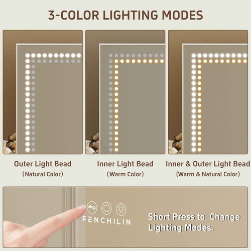 FENCHILIN Vanity Mirror with Lights 32"x 23" Makeup Mirror Lighted LED Makeup Vanity Mirror 3 Dimmable Modes Smart Touch Control Hollywood Mirror with Lights 10X Magnification White