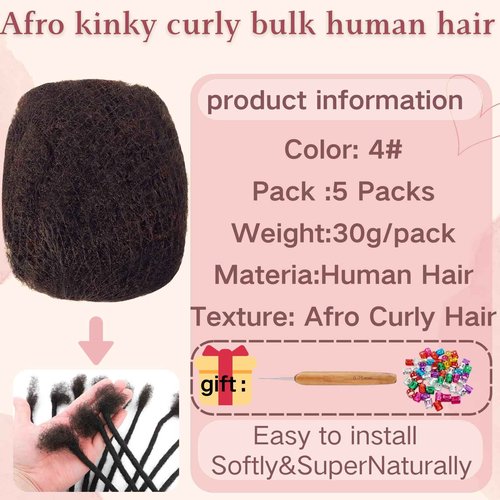 Afro Kinkys Bulk Human Hair for Dreadlock Extensions,Repair Locs, Twists and Braids, 5 Packs 150 Gram Each Package 100% Human Hair Afro Kinky Bulk Can be Dyed and Bleached (Dark Brown 4# 8inch)