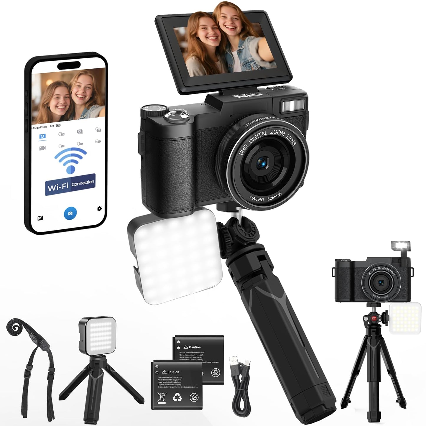 5K Vlogging Camera with WiFi 64MP 4K Digital Camera for Photography Vlog Camera with Flip Screen Video Camera for YouTube with Selfie Light, Desk Tripod, Batteries