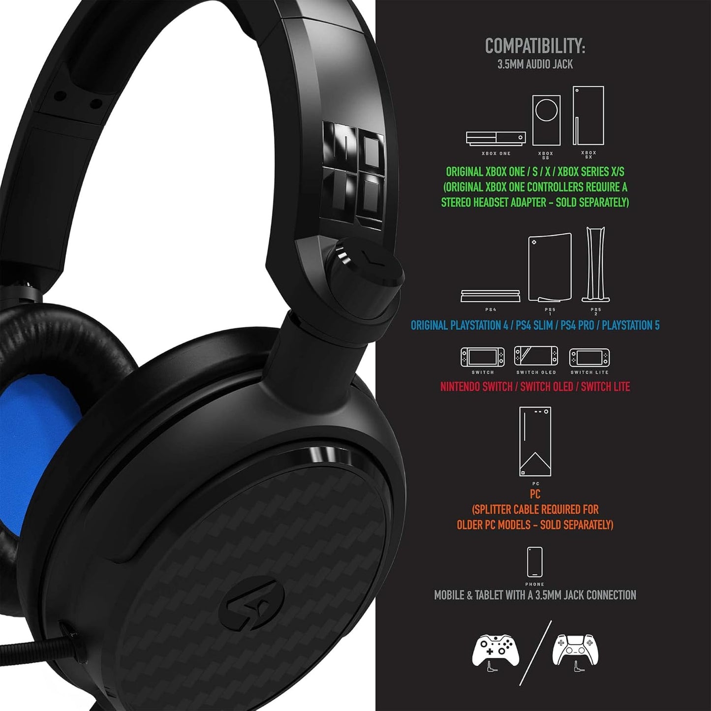 4Gamers C6-100 Black & Blue Over Ear Gaming Headset Compatible with PS4/PS5, Xbox, Switch, PC with Flexible Mic, 3.5mm Jack, 1.5m Cable, Lightweight, Comfortable and Durable