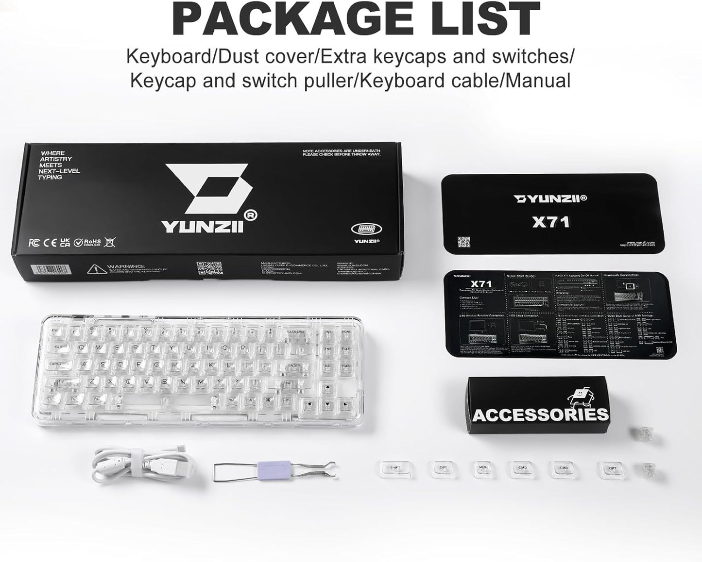 YUNZII X71 Wireless Hot Swappable Transparent Mechanical Keyboard with Clear Keycaps, 68% Layout, BT5.0/2.4G/USB-C Gasket Mount Wireless RGB Backlit for Windows/Mac(Crystal Ice Switch,Cyan)