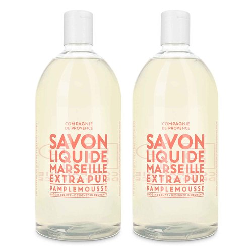 Compagnie de Provence Savon de Marseille Extra Pure Liquid Soap, Pink Grapefruit, Two 33.8 fl oz Plastic Bottle Refills
