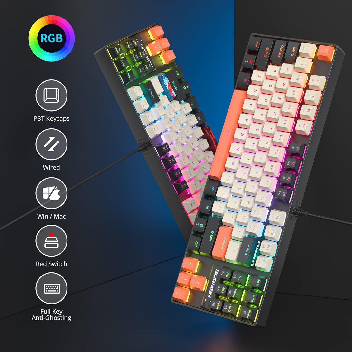 75% Mechanical Gaming Keyboard, 87 Keys Compact TKL Wired Linear Red Switches Detachable USB NKRO RGB Backlight Keyboard for Win/Mac/PS4/PS5/Xbox.(Blue Samurai)