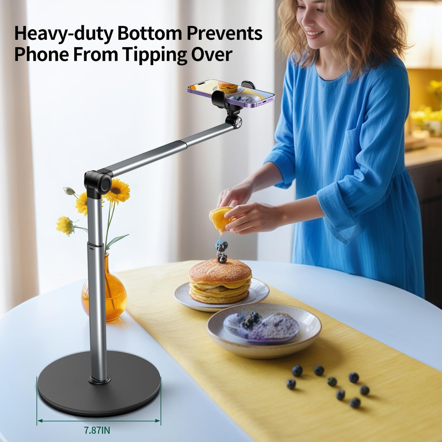yAyusi Heavy Duty Aluminum Overhead Tripod for iPhone, 12 in Long Phone Mount for Desk, Flexible Articulating Arm Overhead Phone Mount for Live Streaming, Meeting, Cooking, Nail Video Recording