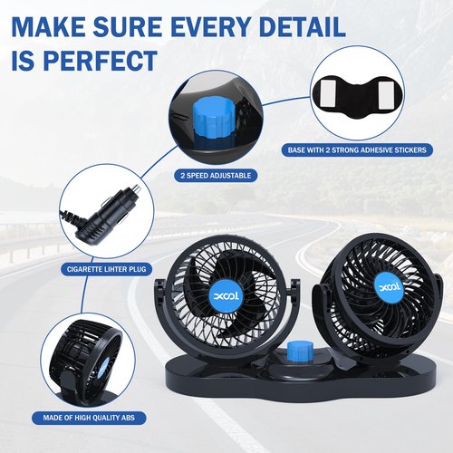 XOOL Car Fan 12V Portable Auto Cooling Fan, Dual Head Electric Car Fans Cigarette Lighter 360 Degree Rotatable Vehicle Fans for Truck SUV Sedan RV Van Boat Golf Cart