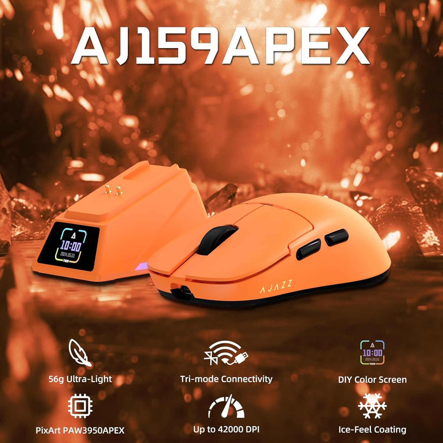 <font dir="auto" style="vertical-align: inherit;"><font dir="auto" style="vertical-align: inherit;"> AJAZZ AJ159 APEX 무선 게이밍 마우스 (자석 충전 베이스 포함, 56g 경량 BT/2.4G/USB-C 유선 마우스, PAW3950APEX 42K DPI 광학 센서, PC/Mac/Windows용 프로그래밍 가능 버튼, 블랙) </font></