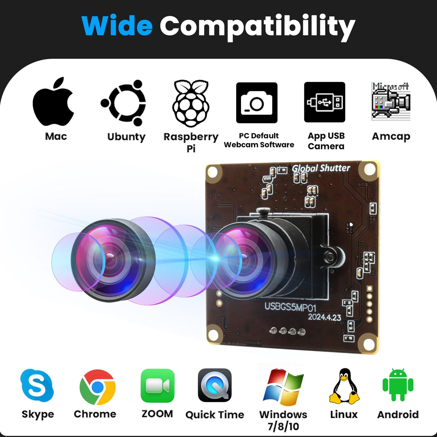 ALPCAM 5MP Global Shutter USB Camera Module High Speed 60fps 1080P PC Webcam with No Distortion Lens Lightburn Camera UVC for Computer Laptop Android and Raspberry Pi