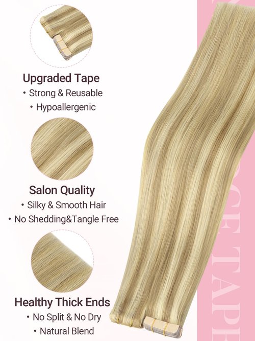 MAXITA Invisi Edge Tape in Hair Extensions Human Hair,Light Blonde Highlighted Golden Blonde Remy Human Hair,20pcs 16 Inch 50g Seamless Injected Tape in Extensions