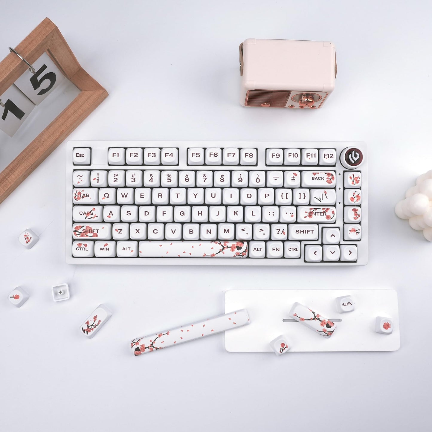 XVX MOA Profile Cherry Blossom PBT Keycaps, 140-Key Dye-Sub Keycaps for ANSI/ISO Layout (Compatible with Cherry MX Switches & GK61/68/87/96/104/108, Includes 6.25u Spacebar)