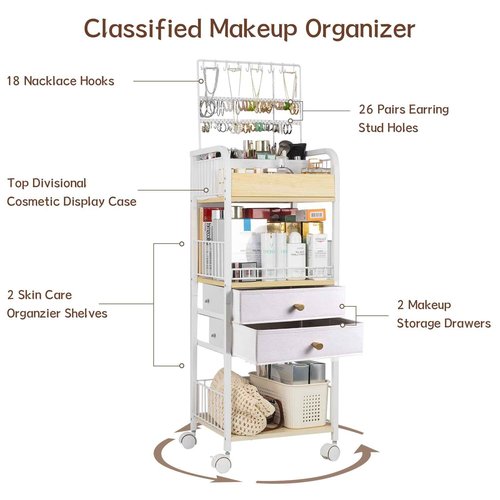 YGJT Makeup Organizer, Floor Skincare Cosmetics Organizer with Drawers, Jewelry Organizers and Storage for Earring Necklace, Vanity Organizer for Skin Care Perfume Makeup Brush Nail Polish Hair Tool