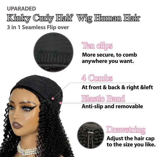 Lametope Glueless Half Wig Human Hair Kinky Curly 200 Density 3 In 1 Seamless Flip Over Drastring Half Wig Human Hair for Beginner Kinky Curly Human Hair Headband Wig for Women (16 Inch)