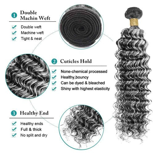P1Bgrey Bundles Highlight Deep Wave Human Hair Bundle Grey Hair Weave Two Tone Black And Foxy Silver 3 Bundles 12 14 16 Inch #1Bgray Ombre Deep Curly Bundle