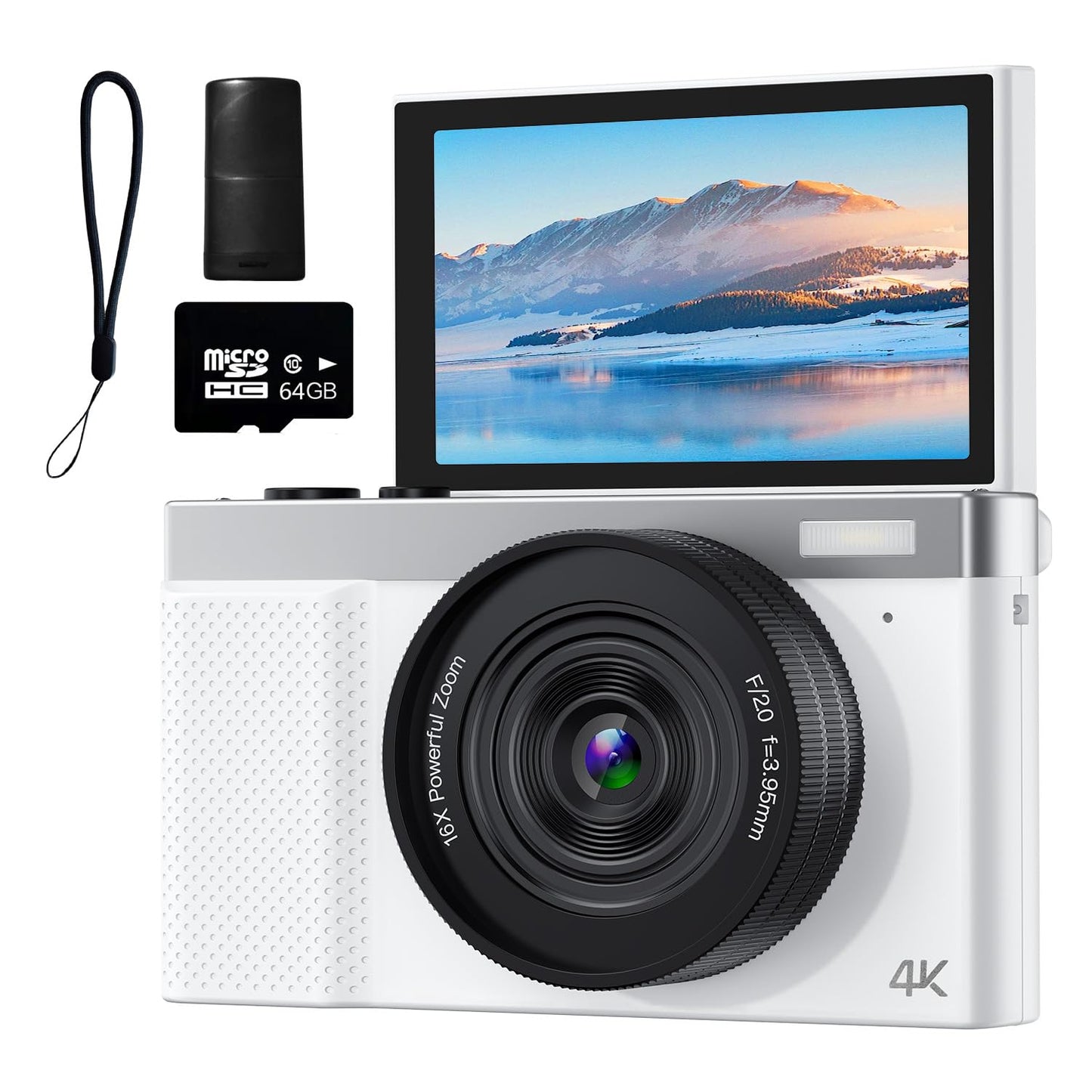 4K Digital Camera, 64MP Vlogging Camera for Photography with 3" 180° Flip Screen, 16X Digital Zoom Point and Shoot Camara with 64GB Micro SD Card for Beginner (White)