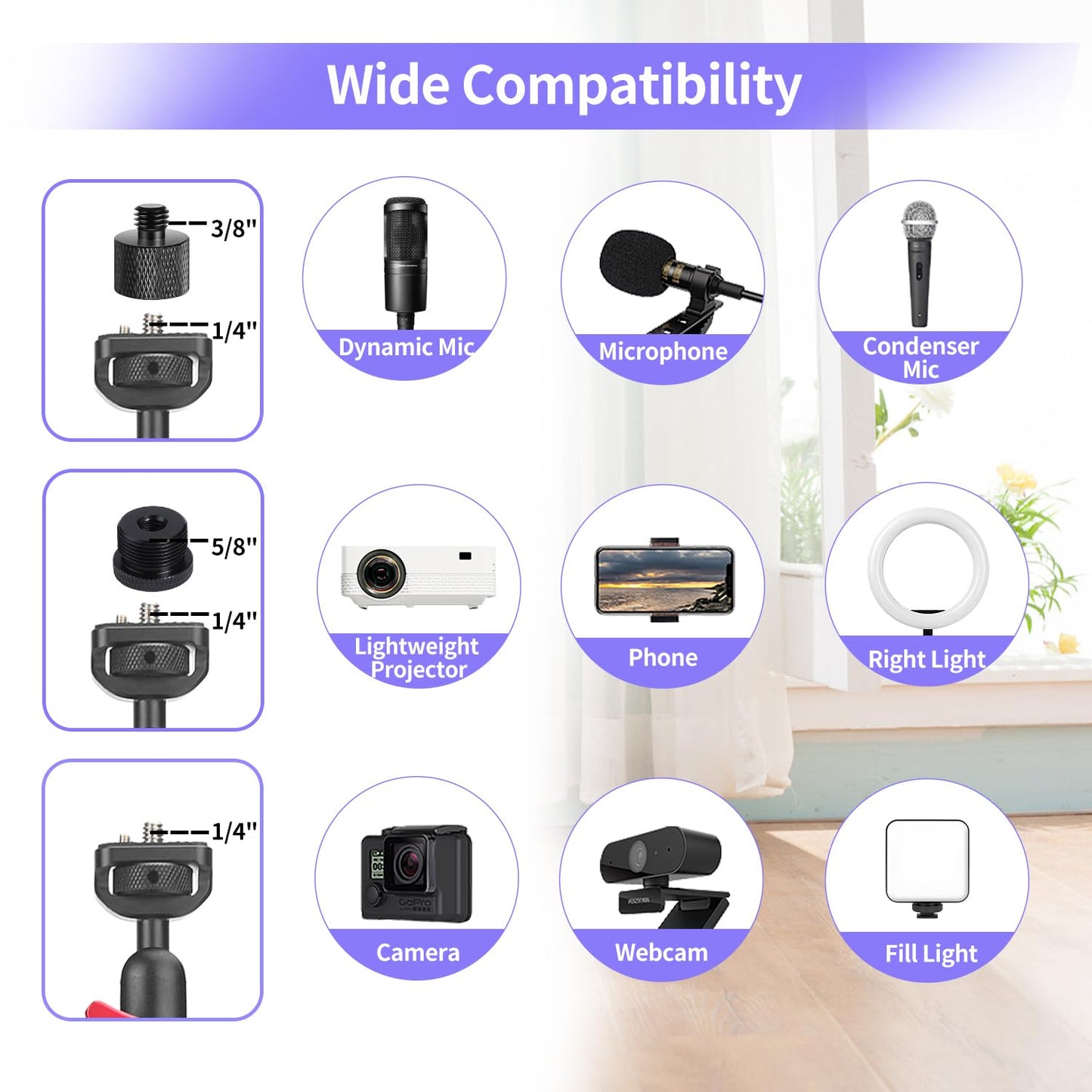 22" Magic Arm w Clamp Camera Mount, Overhead Phone Mount w Dual Ball Head Articulating Mic Boom Arm, 3/8" 5/8" Screw Adapters, Adjustable Camera Desk Mount Stand for Webcam Tripod Light Video Rig