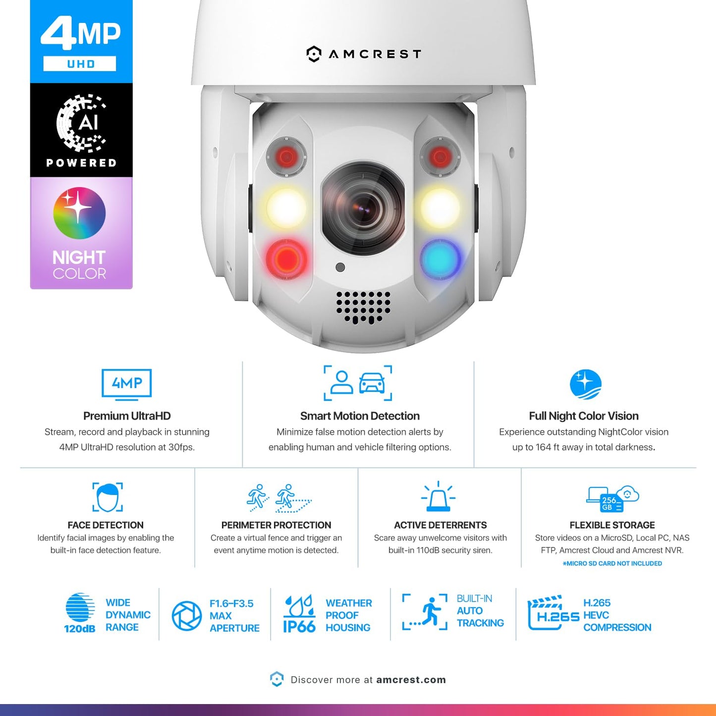 Amcrest 4MP Outdoor PTZ POE+ 802.3at AI IP Camera Pan Tilt Zoom (Optical 25x Motorized), Face Detection, High Speed Auto Tracking, Video MetaData Monitoring, 492ft IR Night Vision, IP4M-1093EW-AI