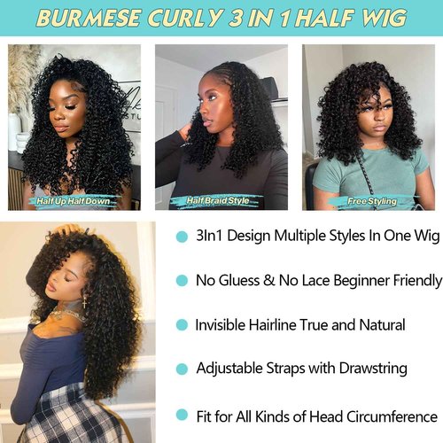 UMEGIRL Half Wig Human Hair Burmese Curly Wig for Women 250 Density 3 In 1 Seamless Flip Over Half Wigs Beginner Friendly Glueless Wigs Human Hair with Spiral End Natural Color 16 Inch