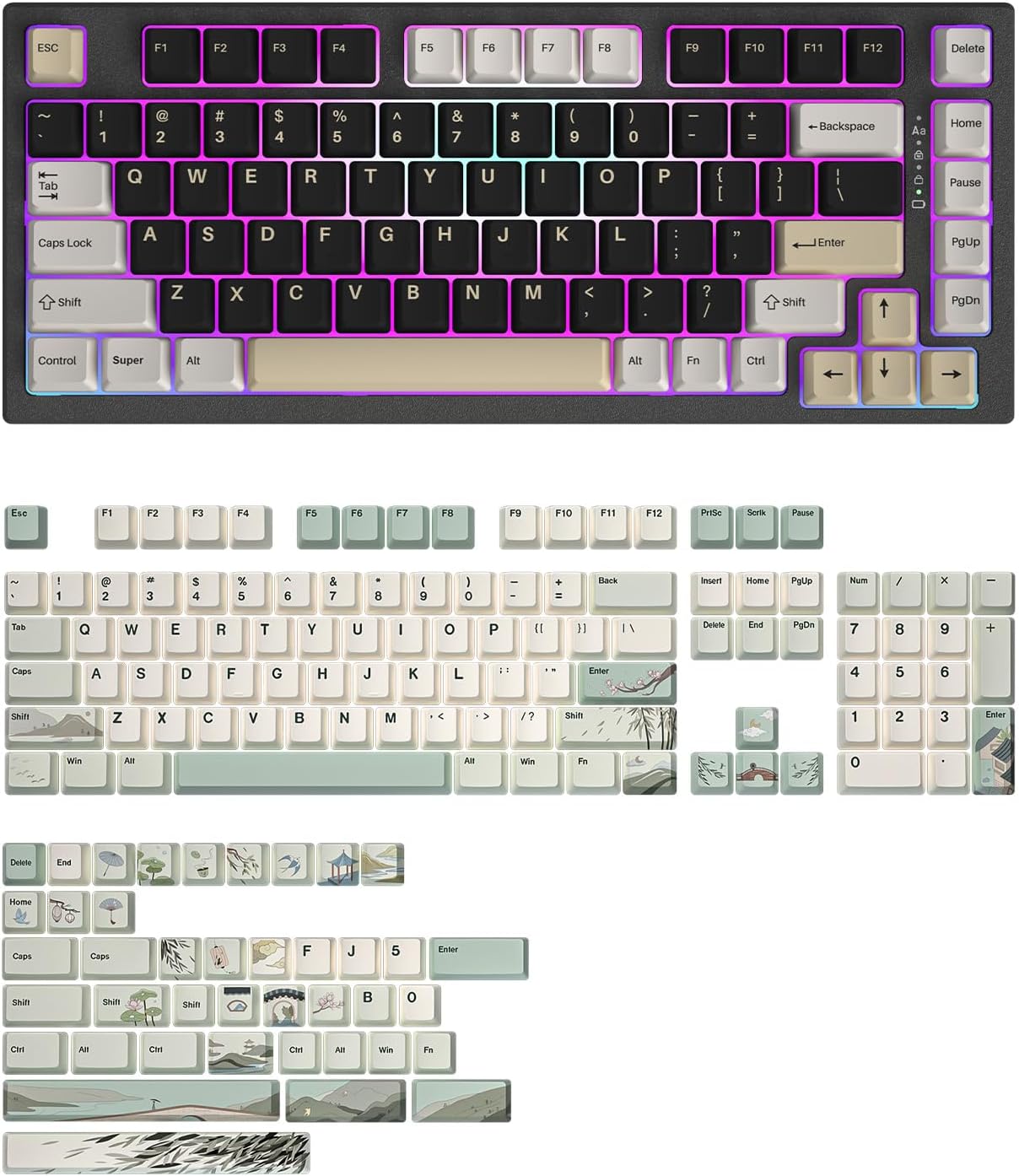 YUNZII YZ75 75% Hot Swappable Wireless Gaming Mechanical Keyboard(Gateron G Pro Black, Black), Spring Tea Dye Sub PBT Keycaps