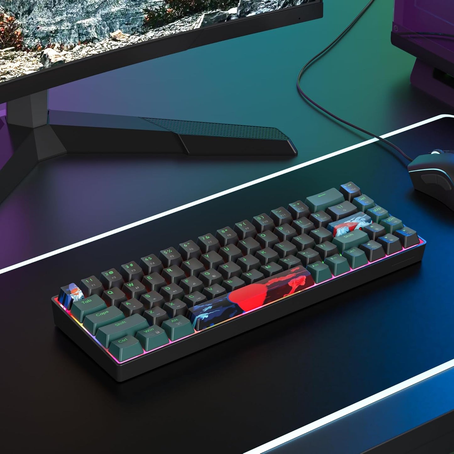 60 Percent Gaming Keyboard 60% Mechanical Keyboard LED Backlit Ultra Compact Wired Keyboard with Red Switch for Windows Laptop Gamer(61 Blue Samurai)