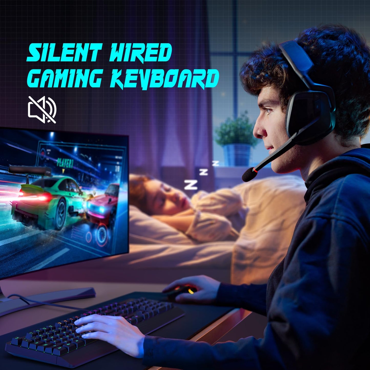 yesbeaut Gaming Keyboard, 7-Color Rainbow LED Backlit, 104 Keys Quiet Light Up Keyboard, Wrist Rest, Whisper Silent, Anti-ghosting Multimedia Keys, Waterproof USB Wired Keyboard for PC Mac Xbox