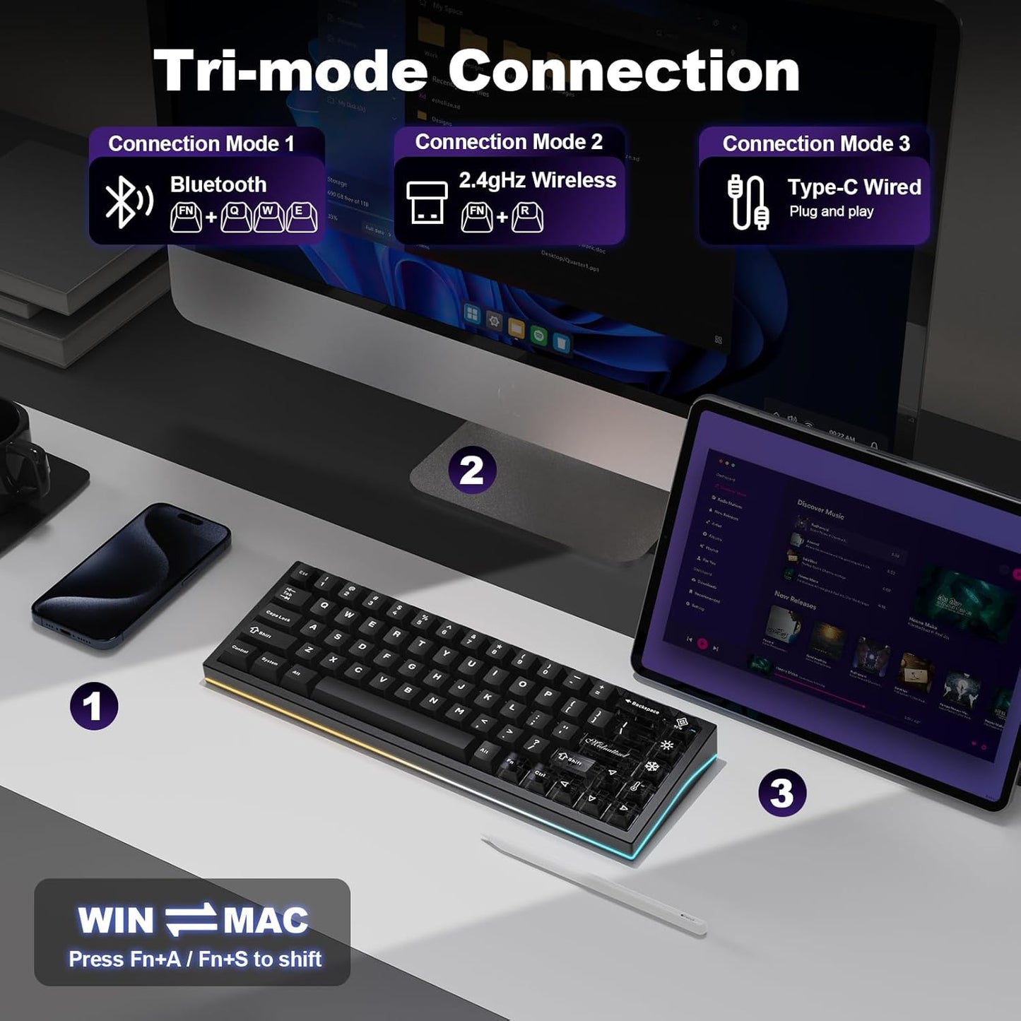 YUNZII AL65 Wireless Mechanical Keyboard, Full Aluminum CNC,Support QMK/VIA Software Gasket Structure,60% Hot Swappable with RGB Backlit BT/2.4G/USB-C for Mac/Windows(Black, Milk V2)